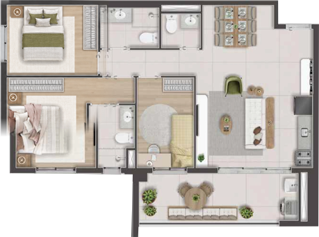 Planta humanizada — 3 dormitórios, 77m²
